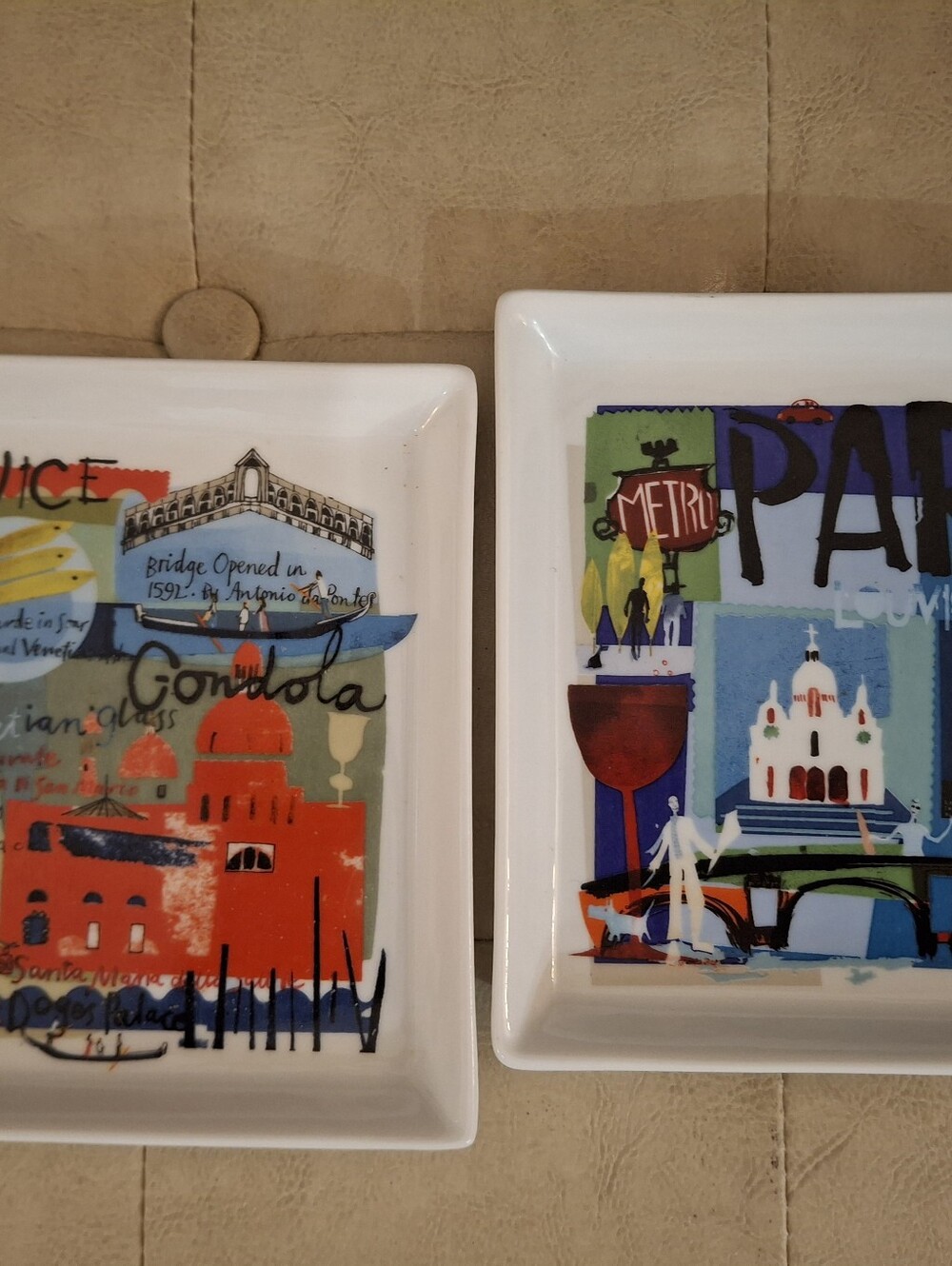 Crate&Barrel Ceramic Appetizer Plates White Set of 2. Paris, Venice City Scences